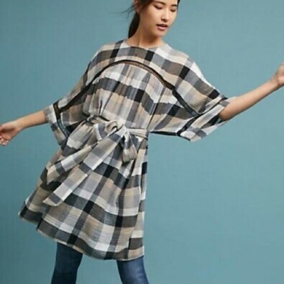 Anthropologie Maeve Buffalo Plaid Mini Dress / Kimono Tunic with Belt Tie Waist - Picture 15 of 16